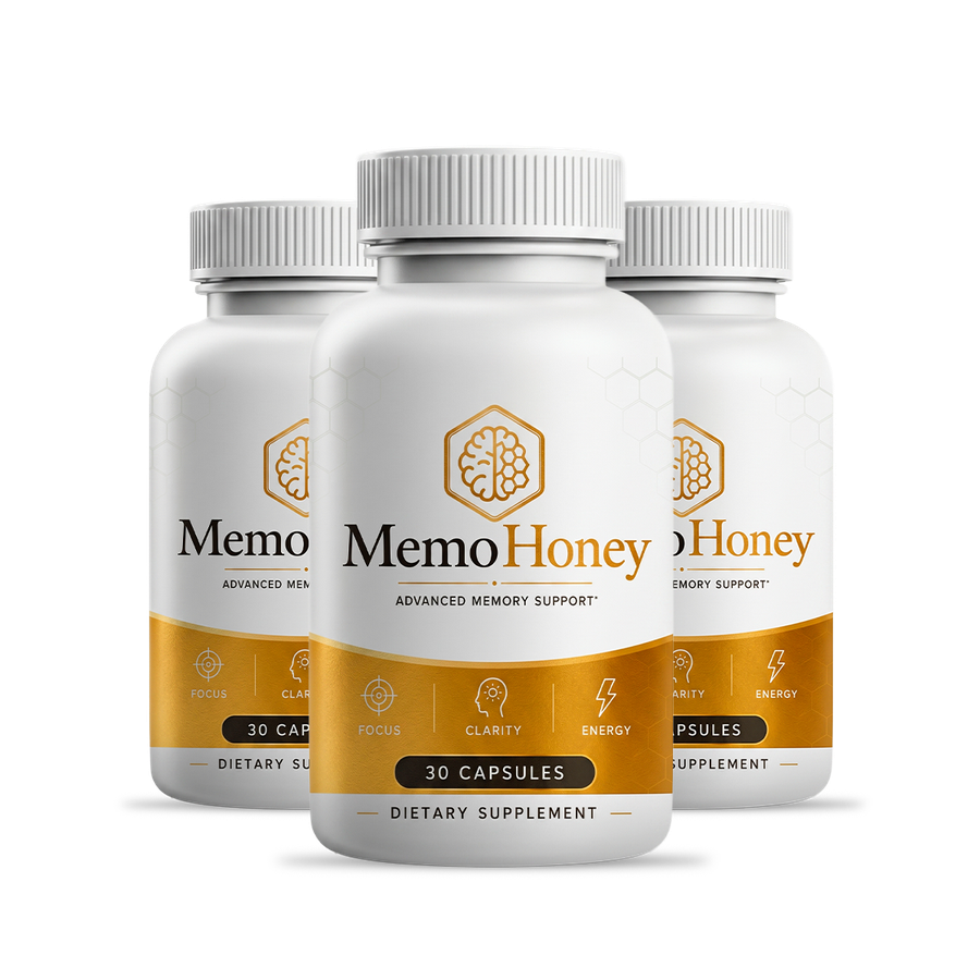 MemoHoney official website — three bottles of MemoHoney Advanced Memory Support, 30 capsules each